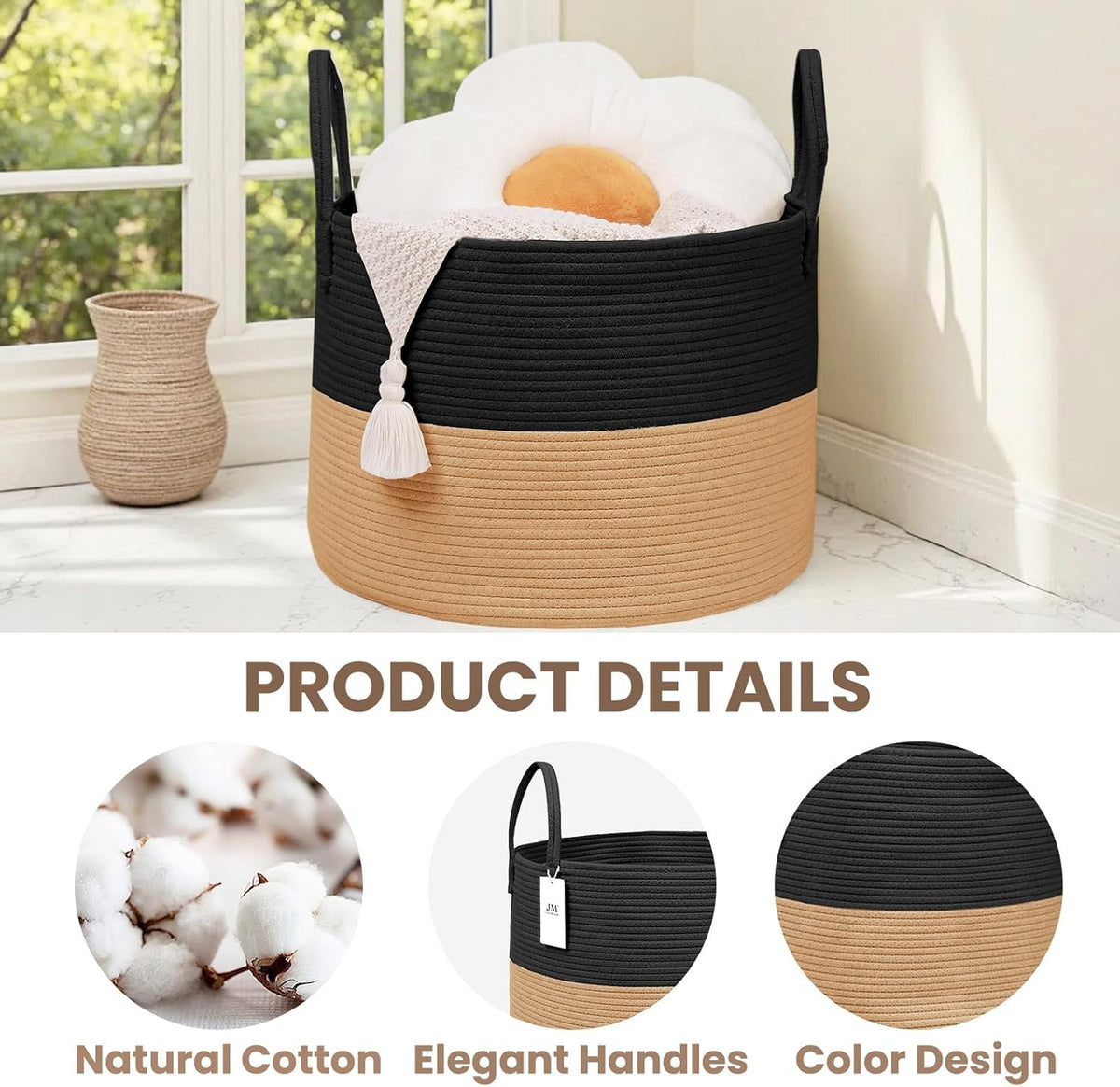 Woven Blanket Basket,115L Large Rope Storage Bin with Handles, Organizer for Blankets Toys Book and