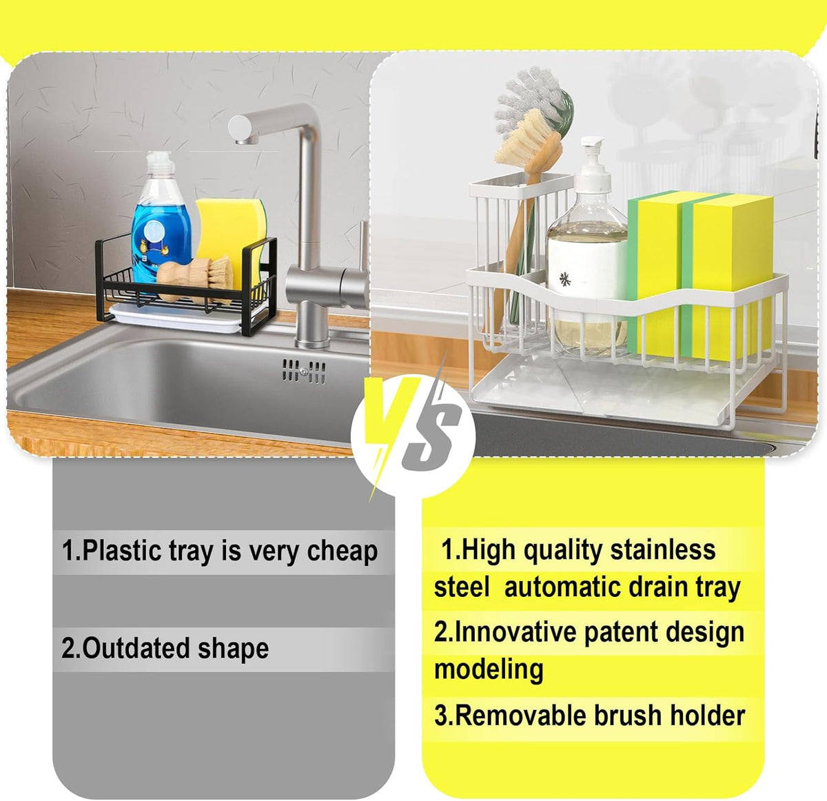 Maifan Sink Caddy Sponge Holder for Kitchen with Brush Holder and Stainless Steel Self Drain Tray