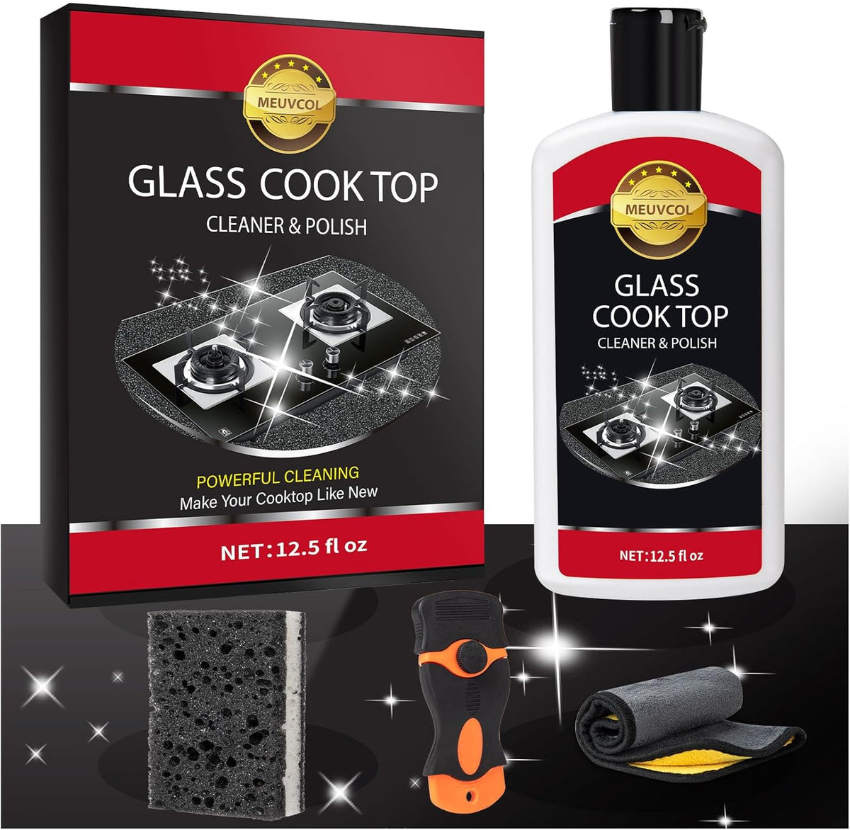 Glass Stove Top Cleaner Kit, 12 Oz Glass Cooktop Cleaner Non-Abrasive, Stove Oven Cleaner & Polish