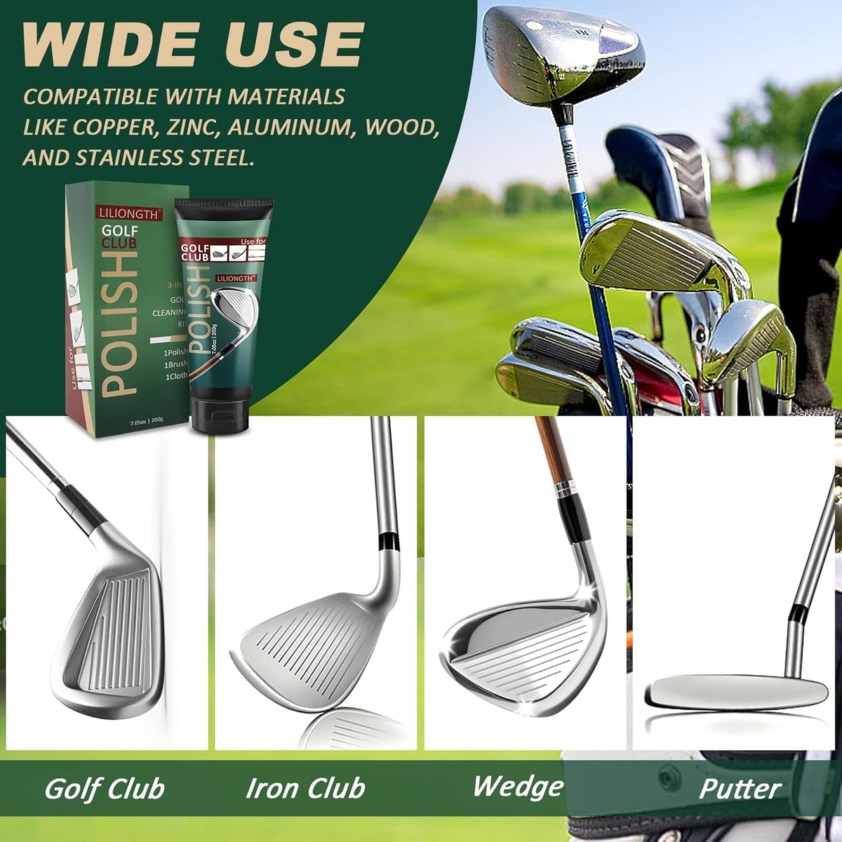 Golf Club Cleaning Kit 3-in-1 with Golf Club Cleaner Brush, Towel and 200g Golf Club Polish - Golf