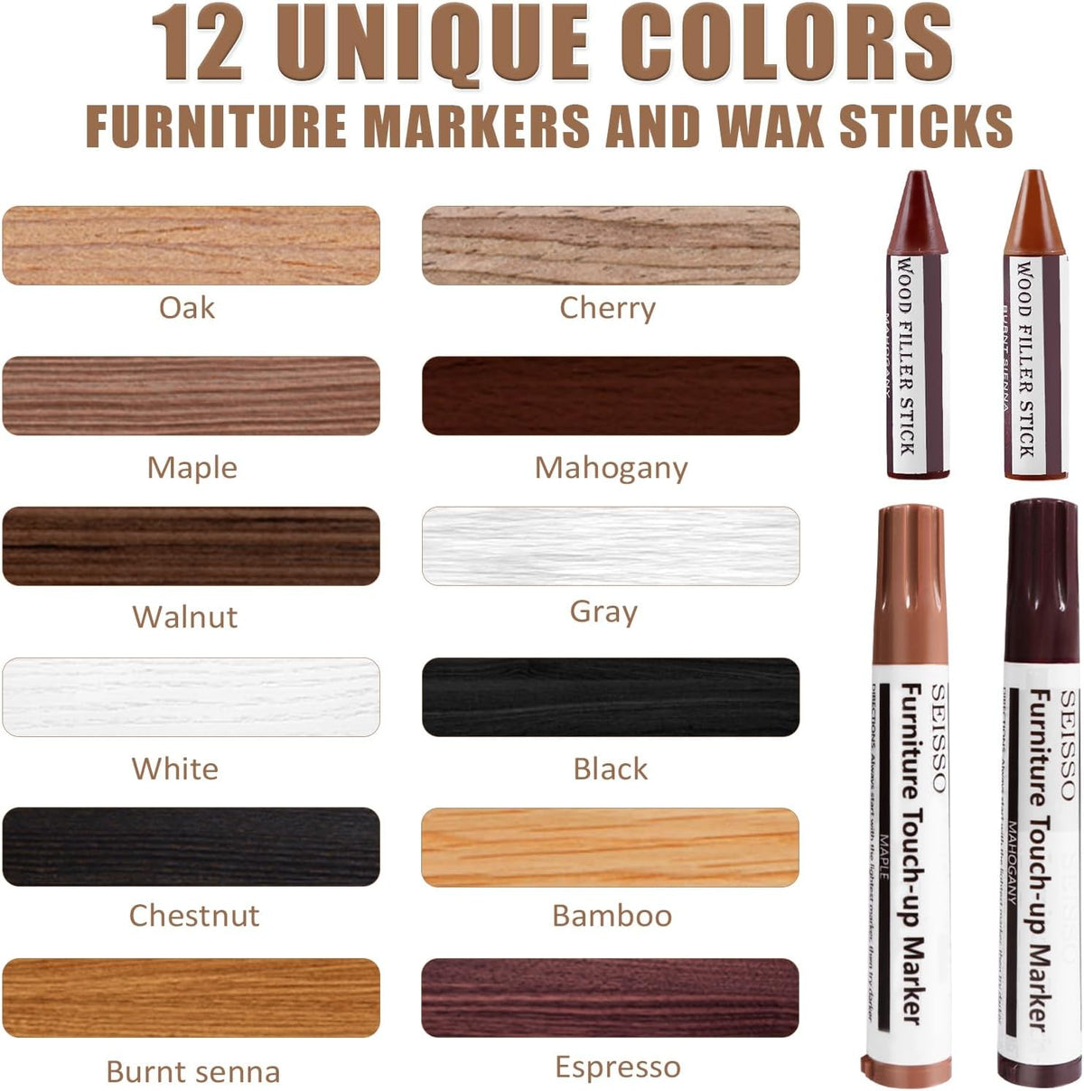 SEISSO Furniture Repair Kit, 12 Colors Furniture Touch-up Markers and Wood Fillers Sticks for