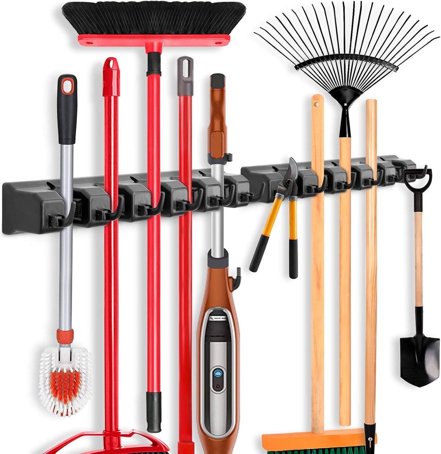 IMILLET 2 Pack Mop and Broom Holder, Wall Mounted Organizer Mop and Broom Storage Tool Rack with 5