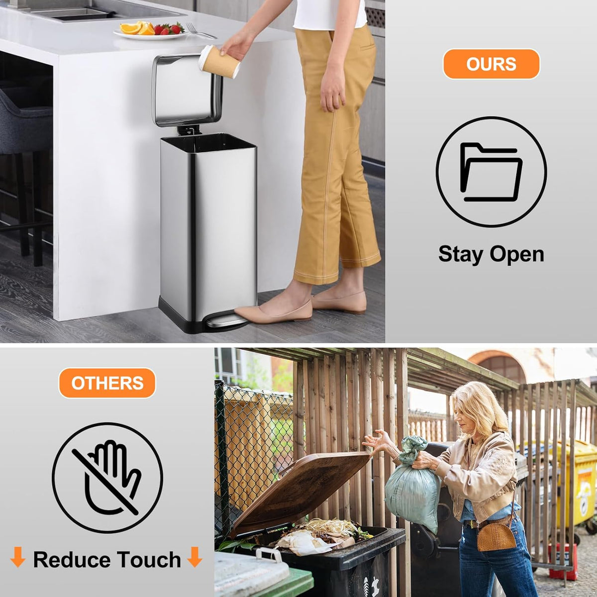 TrailBlaze 8Gallon / 30L Kitchen Trash Can, Stainless Steel Rectangular Pedal Recycle Bin with
