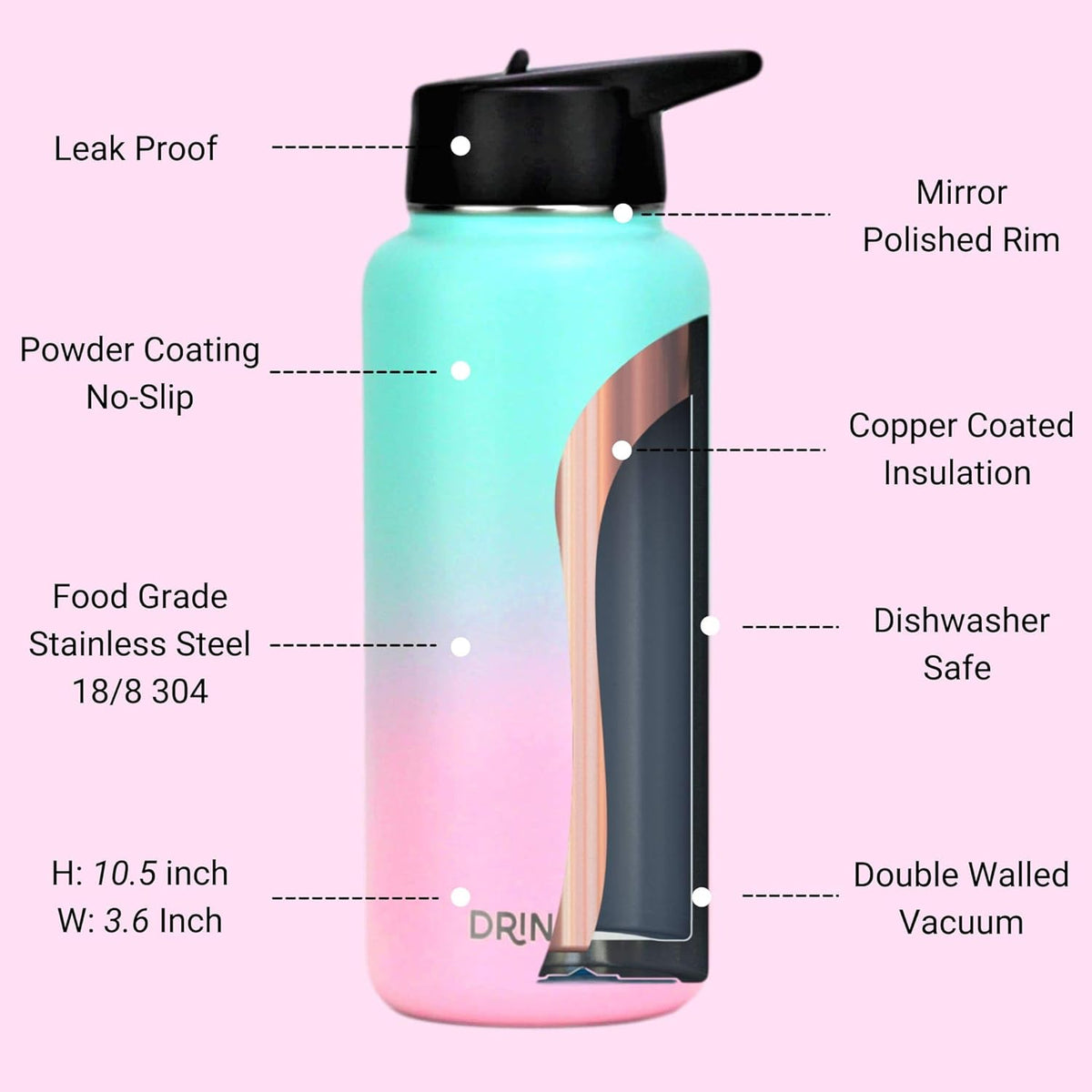 DRINCO Stainless Steel Water Bottle Spout Lid Vacuum Insulated Double Wall Water Bottle Wide Mouth