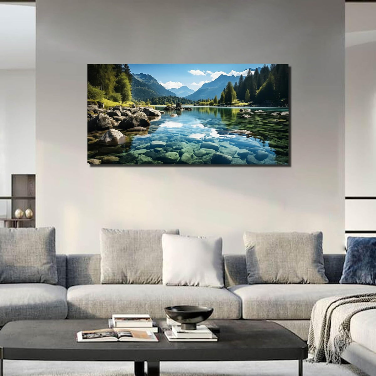 GUGIKA Landscape Wall Art for Living Room, Mountain and Lake Wall-Decor for Bedroom, Natural