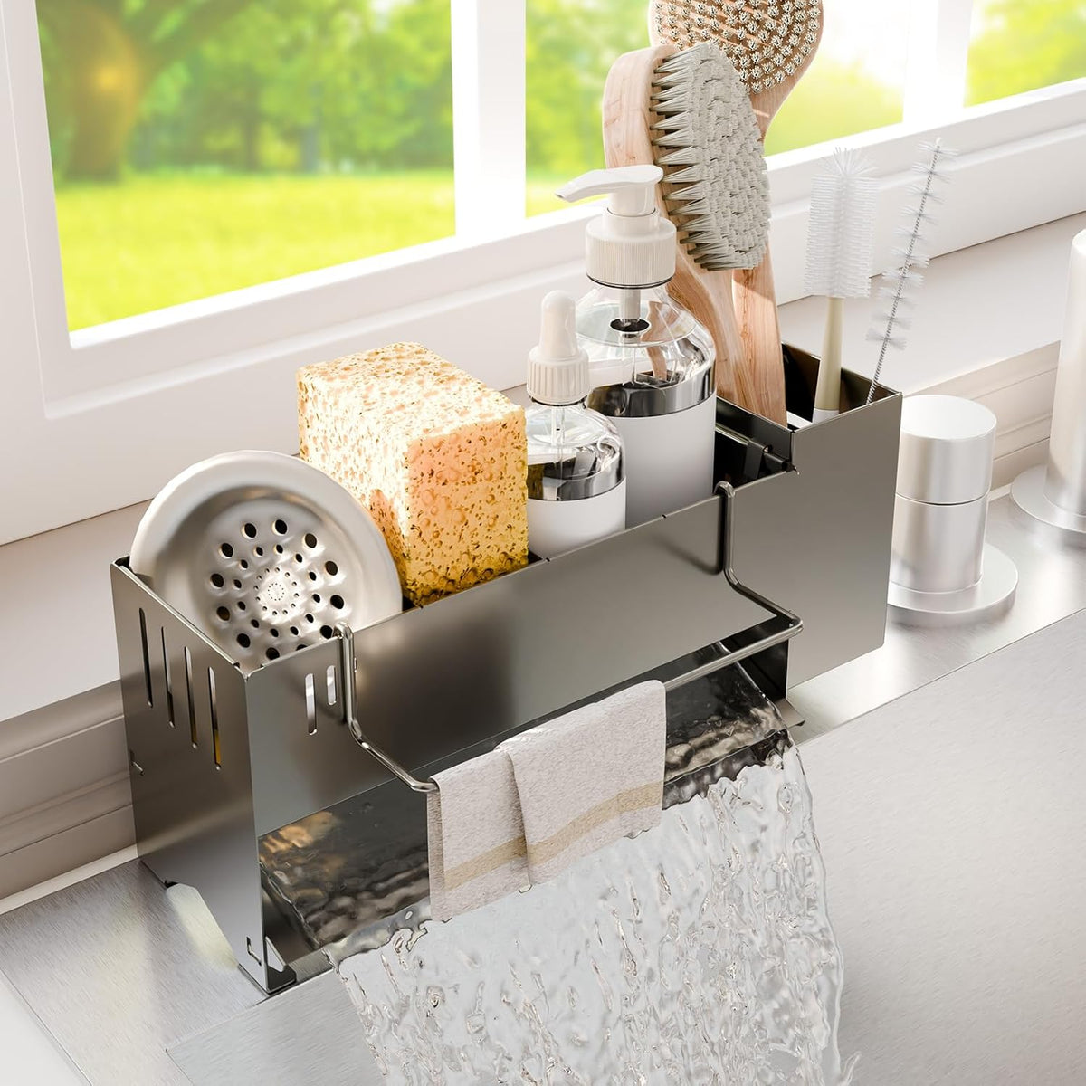 Sponge Holder for Kitchen Sink, Space-Saving Sink Caddy with Brush Holder, Kitchen Countertop