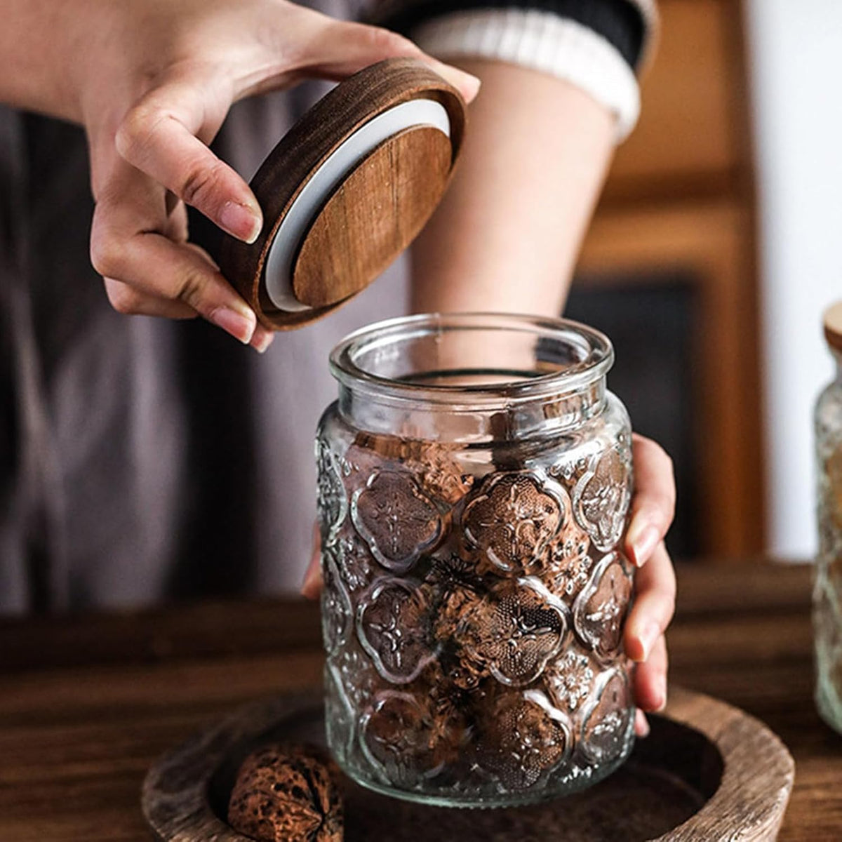 24 OZ/6 PCS Glass Storage Jar with Airtight Bamboo Wooden Lids, Vintage Food Containers Canisters