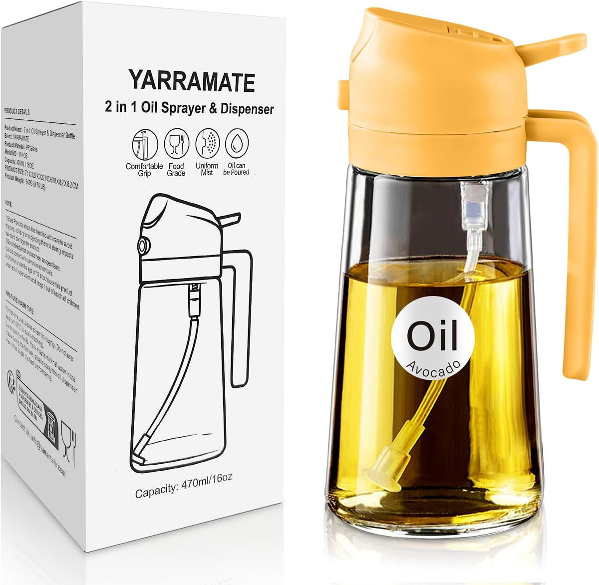 YARRAMATE 16oz/470ml Glass Olive Oil Sprayer for Cooking with Stickers, 2 in 1 Oil Dispenser for