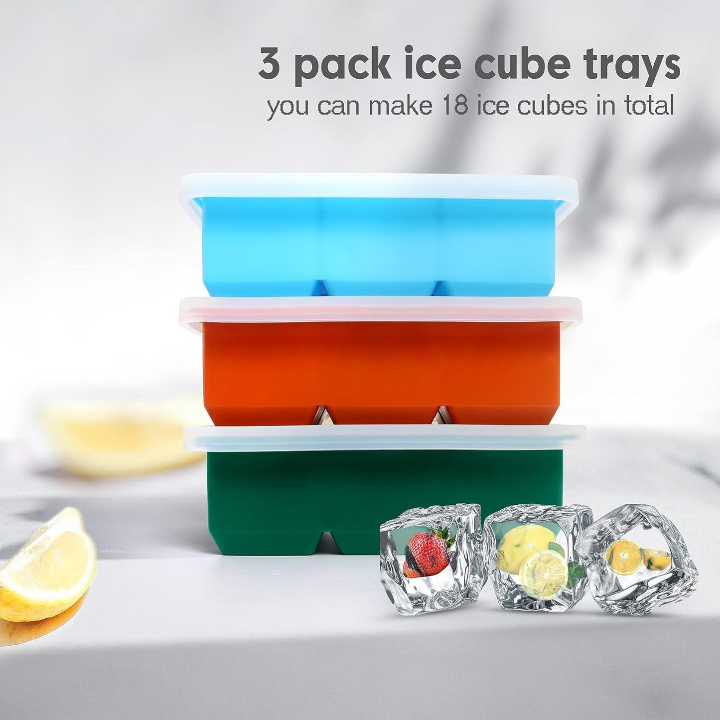 Silicone Ice Cube Trays 3 Pack - Large Size Silicone Ice Cube Molds with Leak Proof Removable Lid