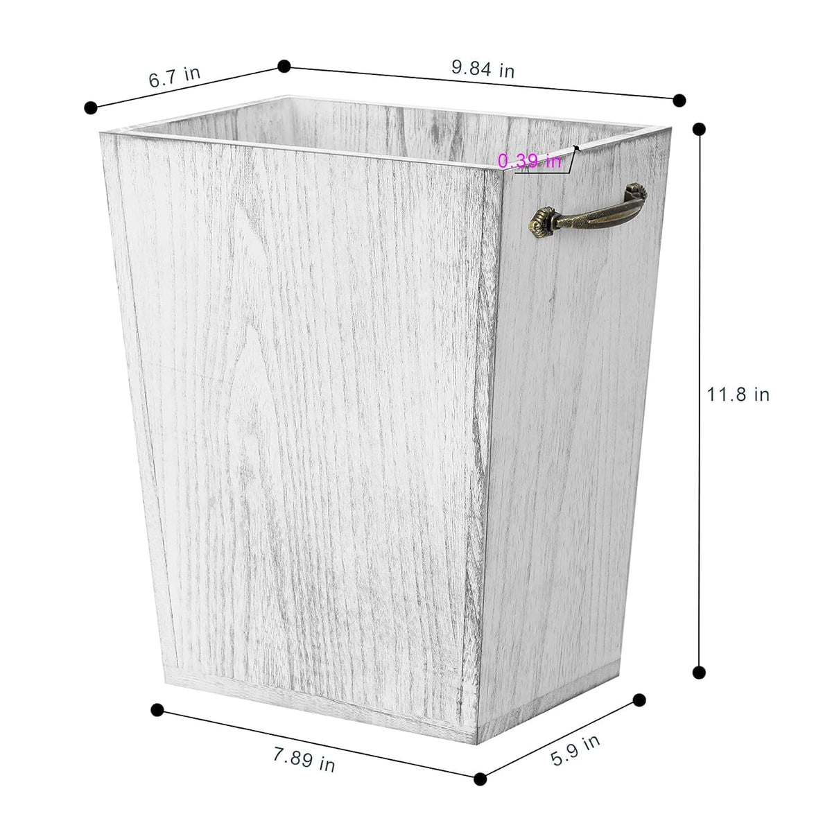 Wood Wastebasket Trash Can Rustic Farmhouse Square Garbage Container Bin with Decorative Metal