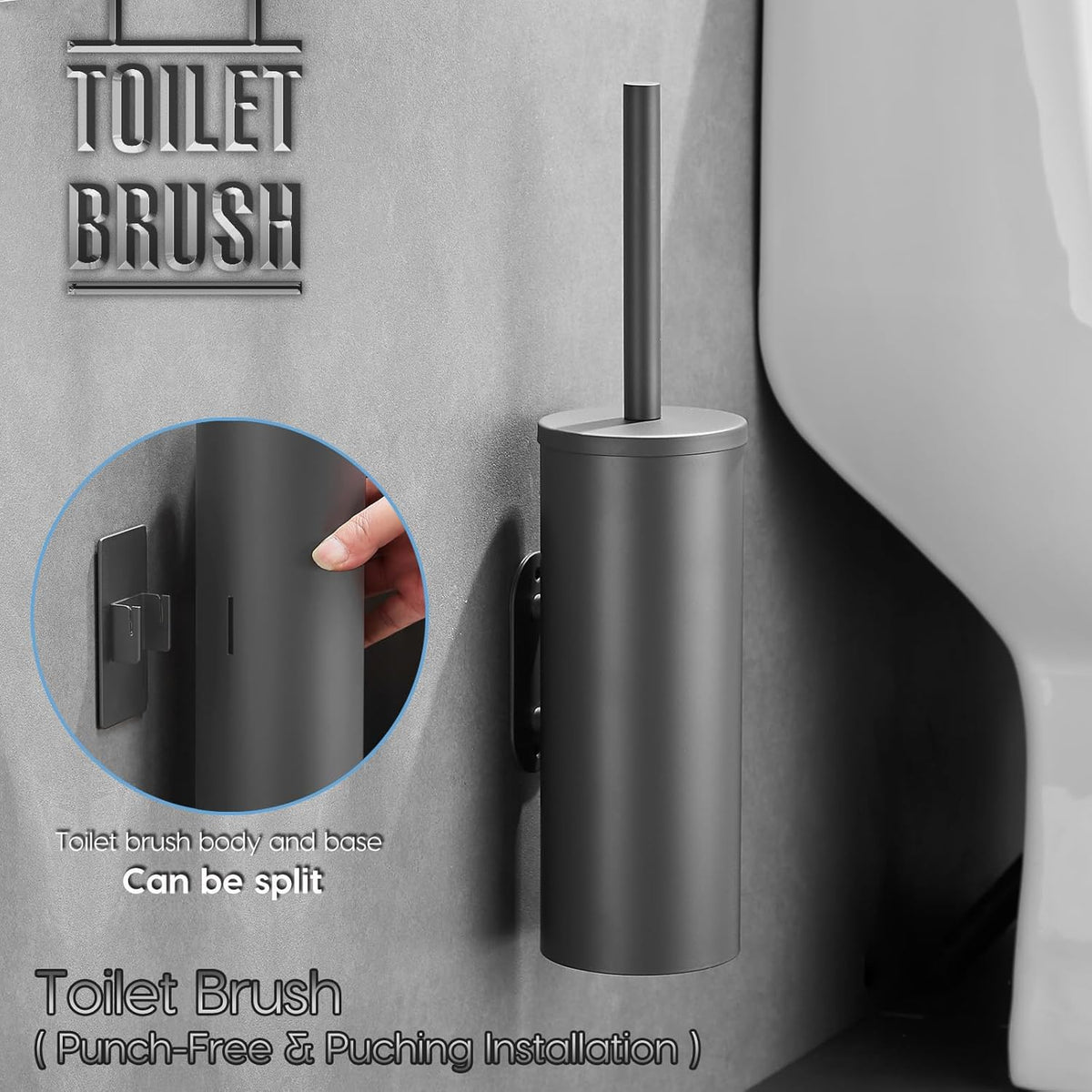 Stainless Steel Toilet Brush and Holder Set, No-Punch Hook Base Dual Purpose Toilet Brush Holder