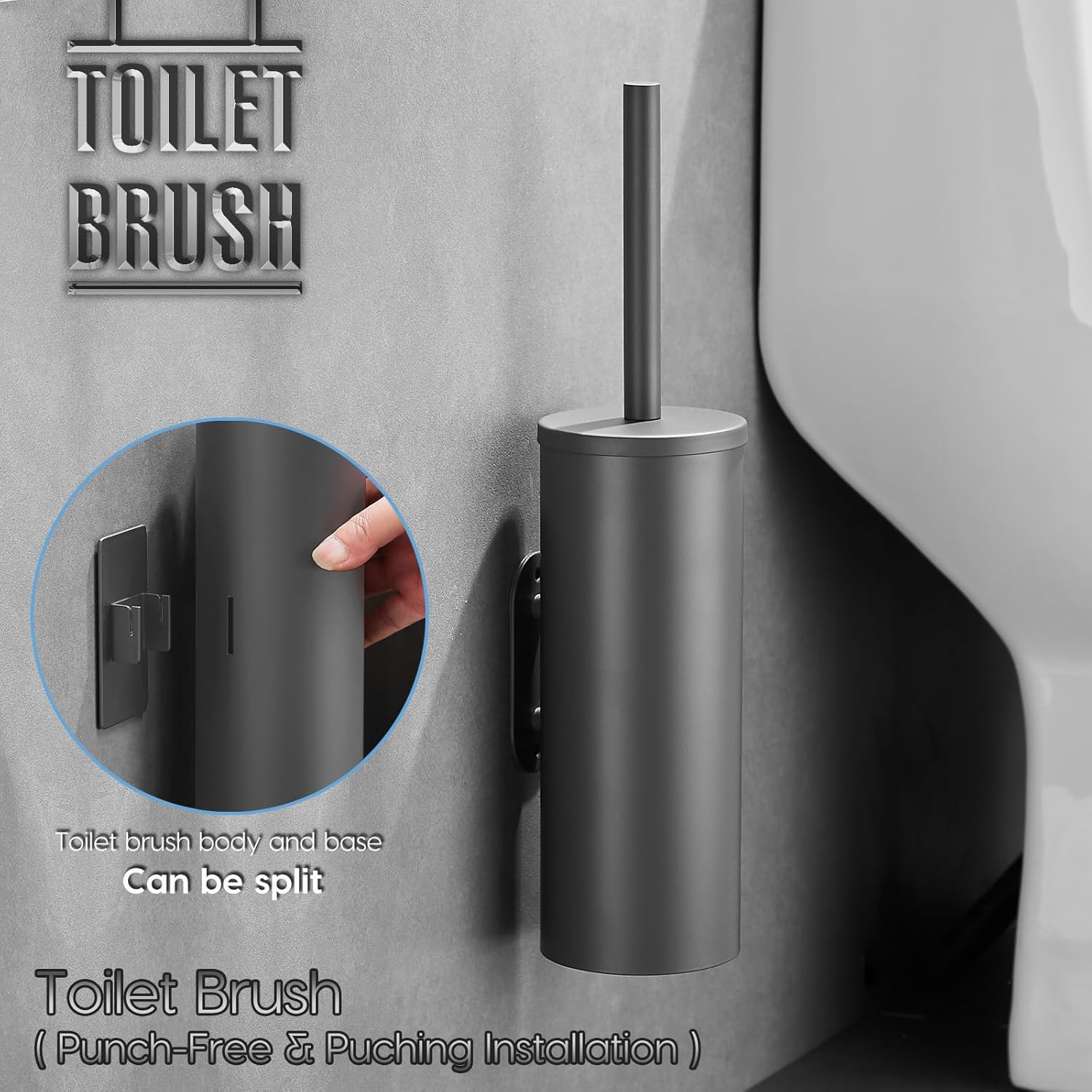 Stainless Steel Toilet Brush and Holder Set, No-Punch Hook Base Dual Purpose Toilet Brush Holder
