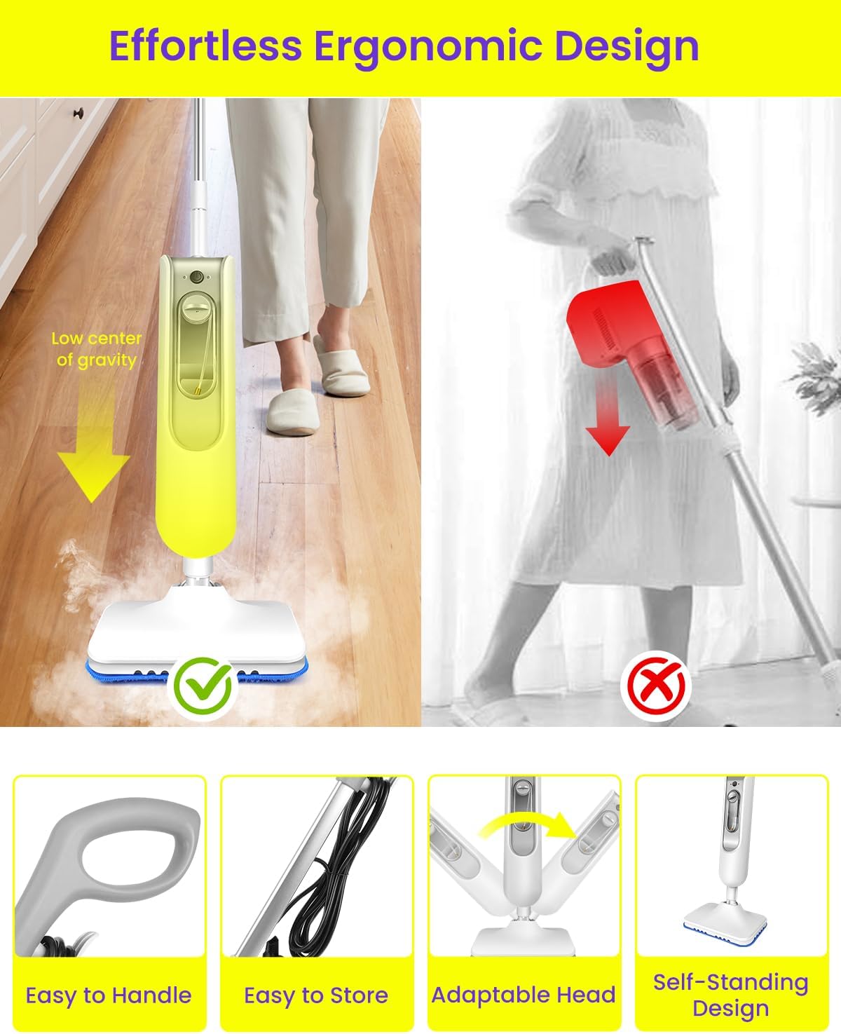 Steam Mop for Floor Cleaning, Effortless Ergonomic Design Floor Steamer for Hardwood and Tile