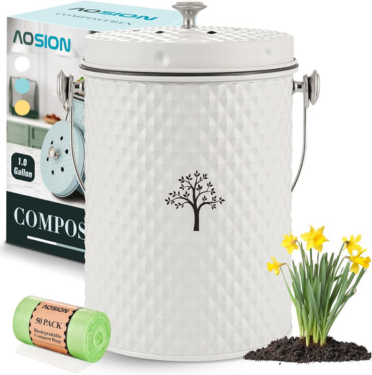 AOSION Countertop Compost Bin Kitchen,Odorless Indoor Compost Bin with Lid and Compost Bags,Compost