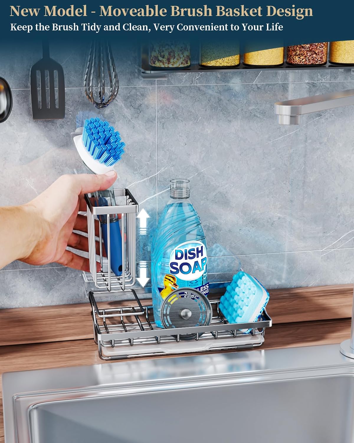 Consumest Sink Caddy, Kitchen Sponge Holder with Dish Brush Holder, Kitchen Organizer with Drip