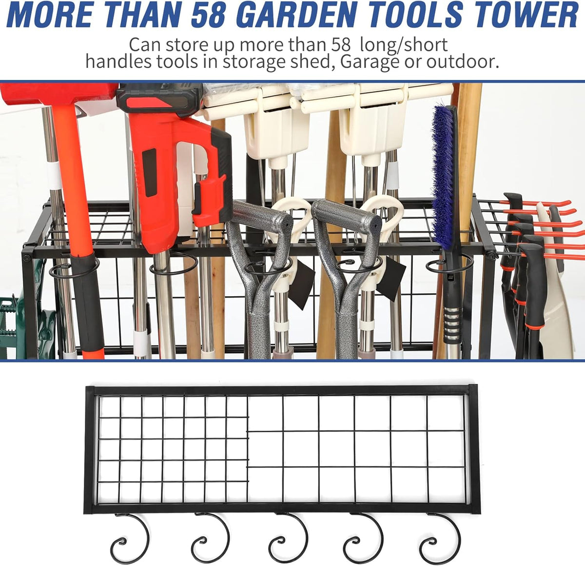 Garden Tool Organizer for Garage, Garden Tool Rack, Up to 58 Long Handled Tools, Yard Tool Holder