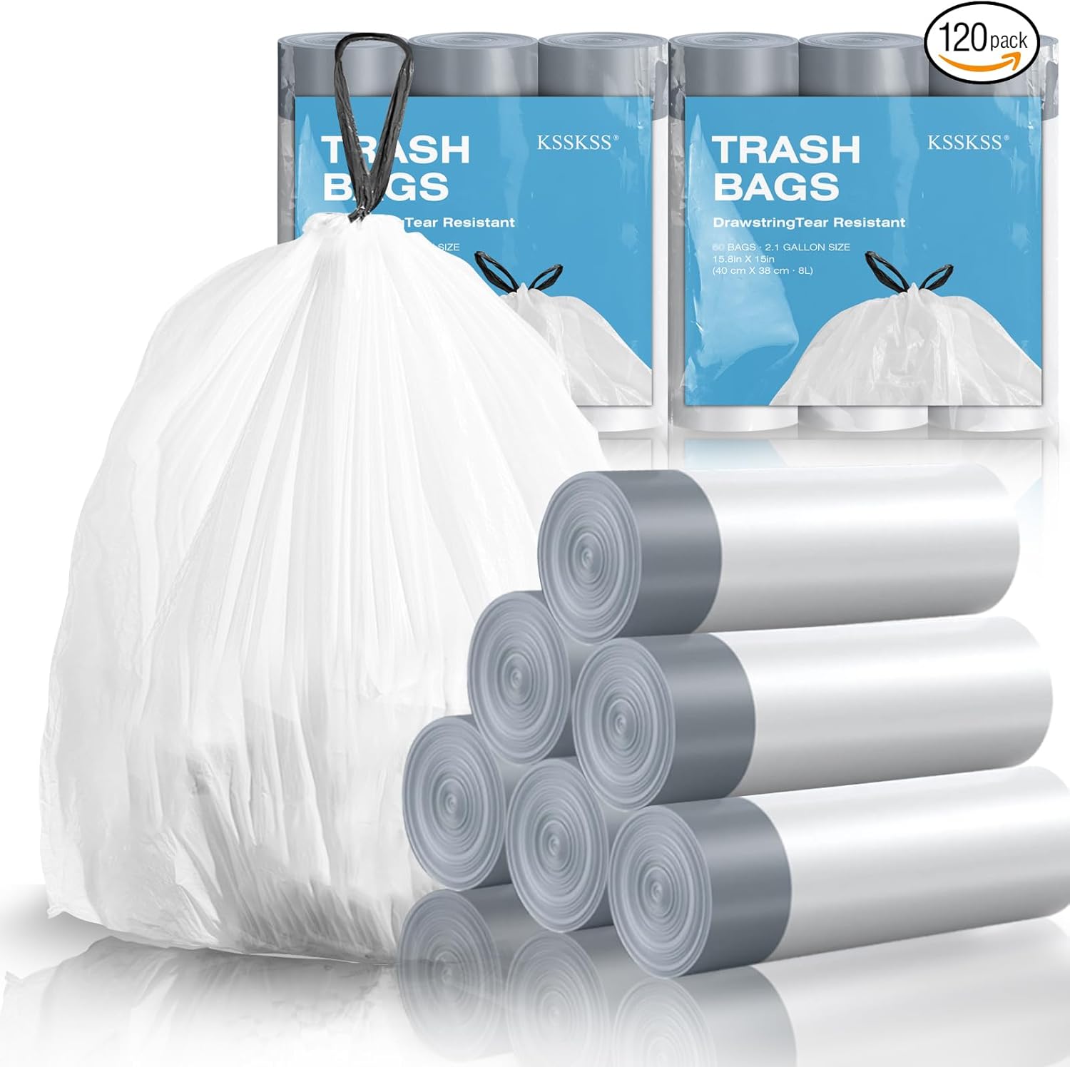 120 Counts 1.6 Gallon Mini Drawstring Trash Bags, Small Garbage Bags by KSSKSS, Code a fit 4.5-8