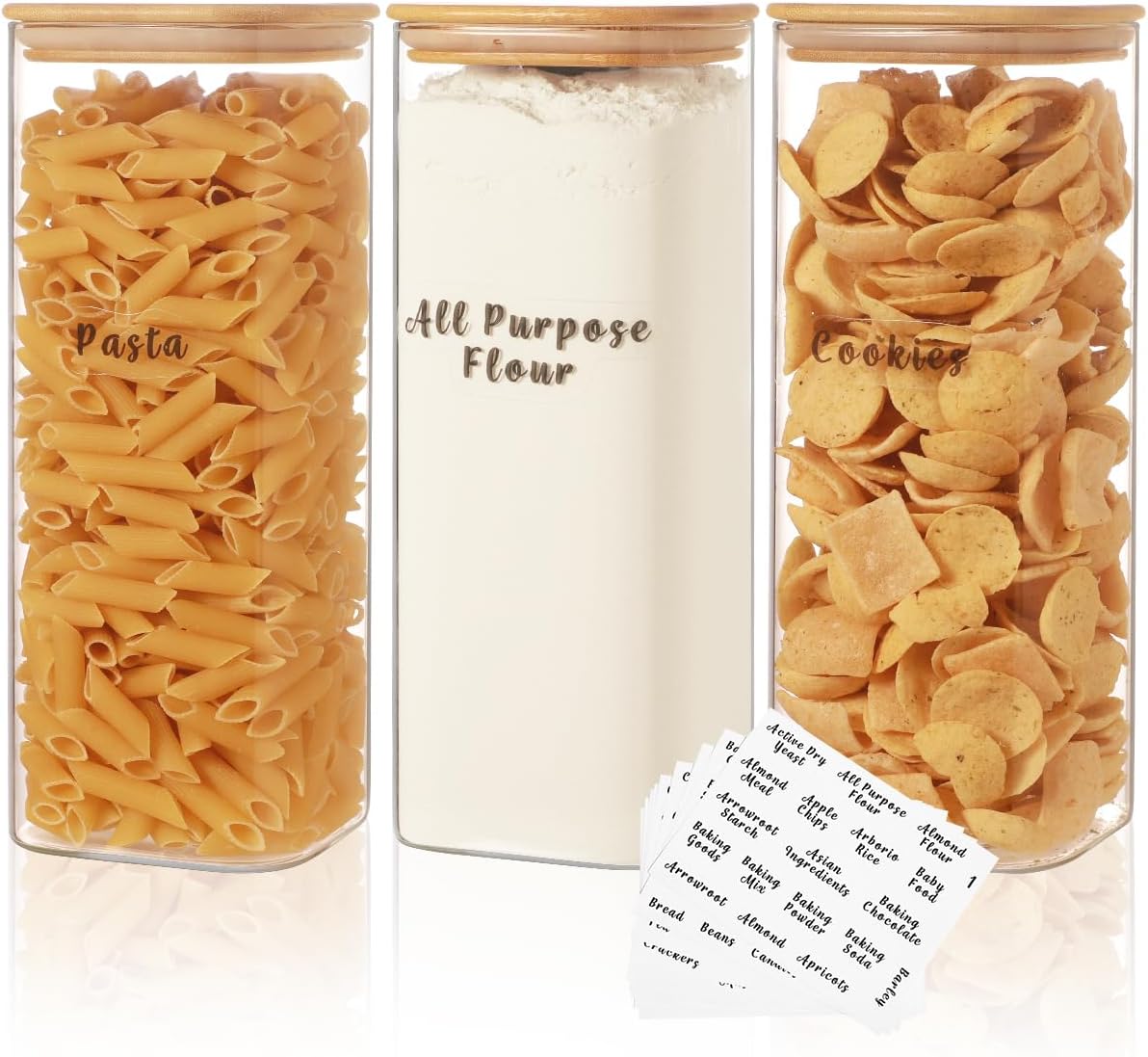 3 Pcs Square Glass Pantry Storage Containers with Bamboo Airtight Lid and 248 Clear Pantry Labels