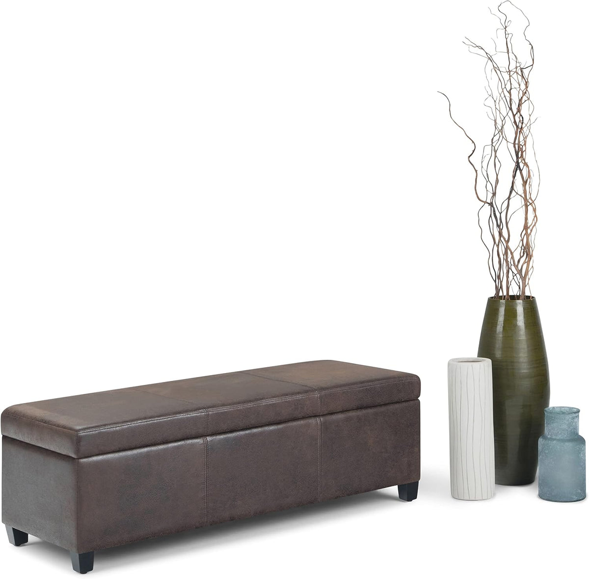 SIMPLIHOME Avalon 48 inch Wide Contemporary Rectangle Storage Ottoman Bench in Distressed Brown
