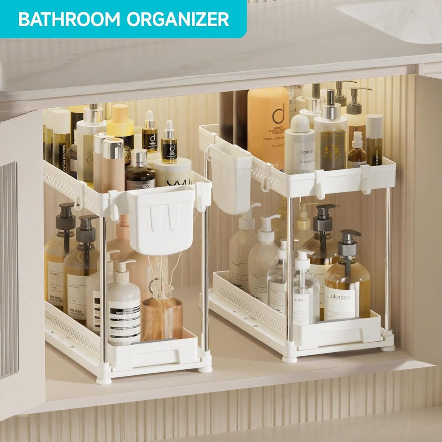 Under Sink Organizer, 2 Tier Pull Out Cabinet Organizer with Hooks Hanging Cup, Easy Installation &