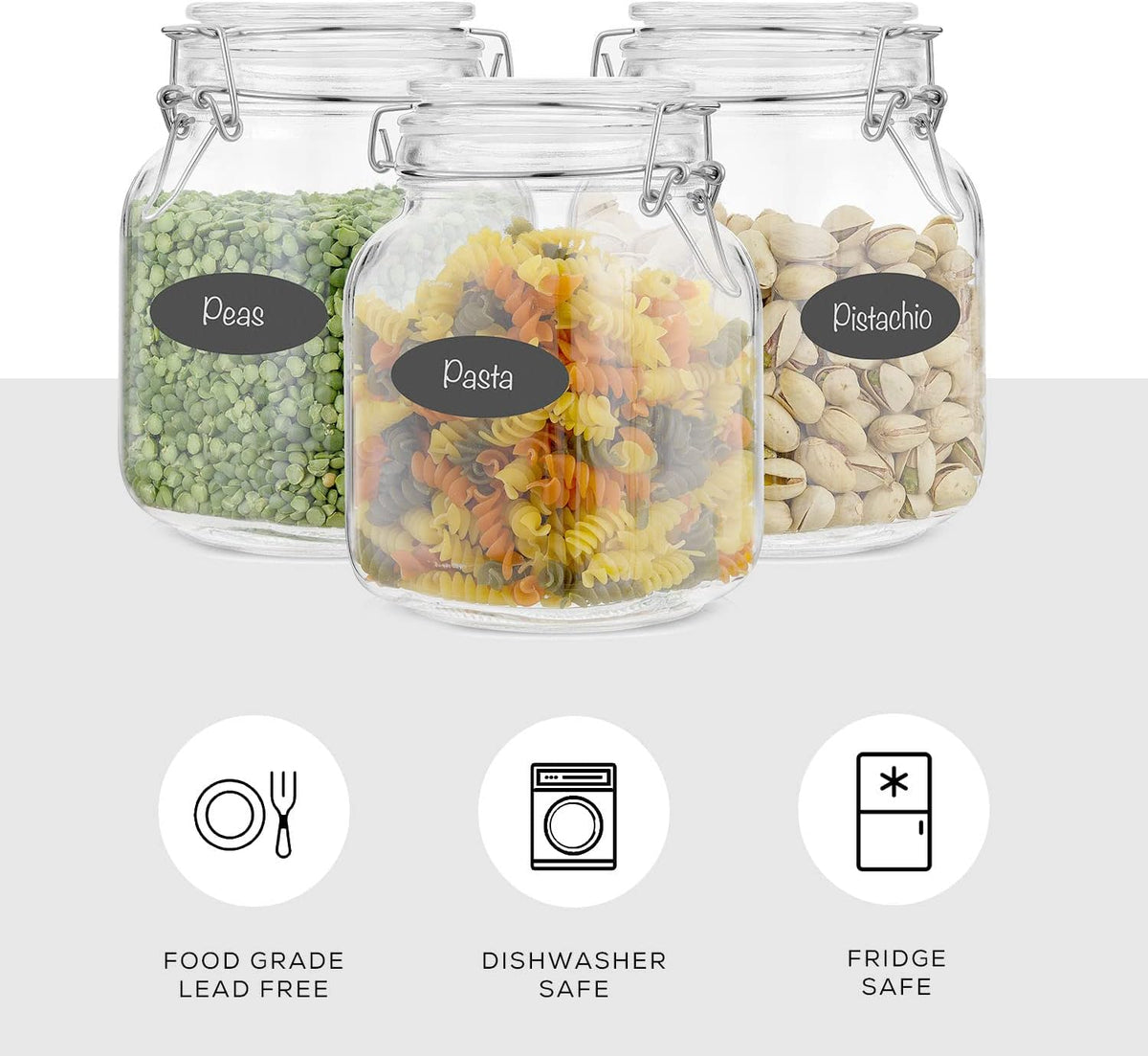JoyJolt Airtight Glass Jars with Lids Set of 3. 32oz Glass Jar with Lid and 6 Silicone Seals! Med