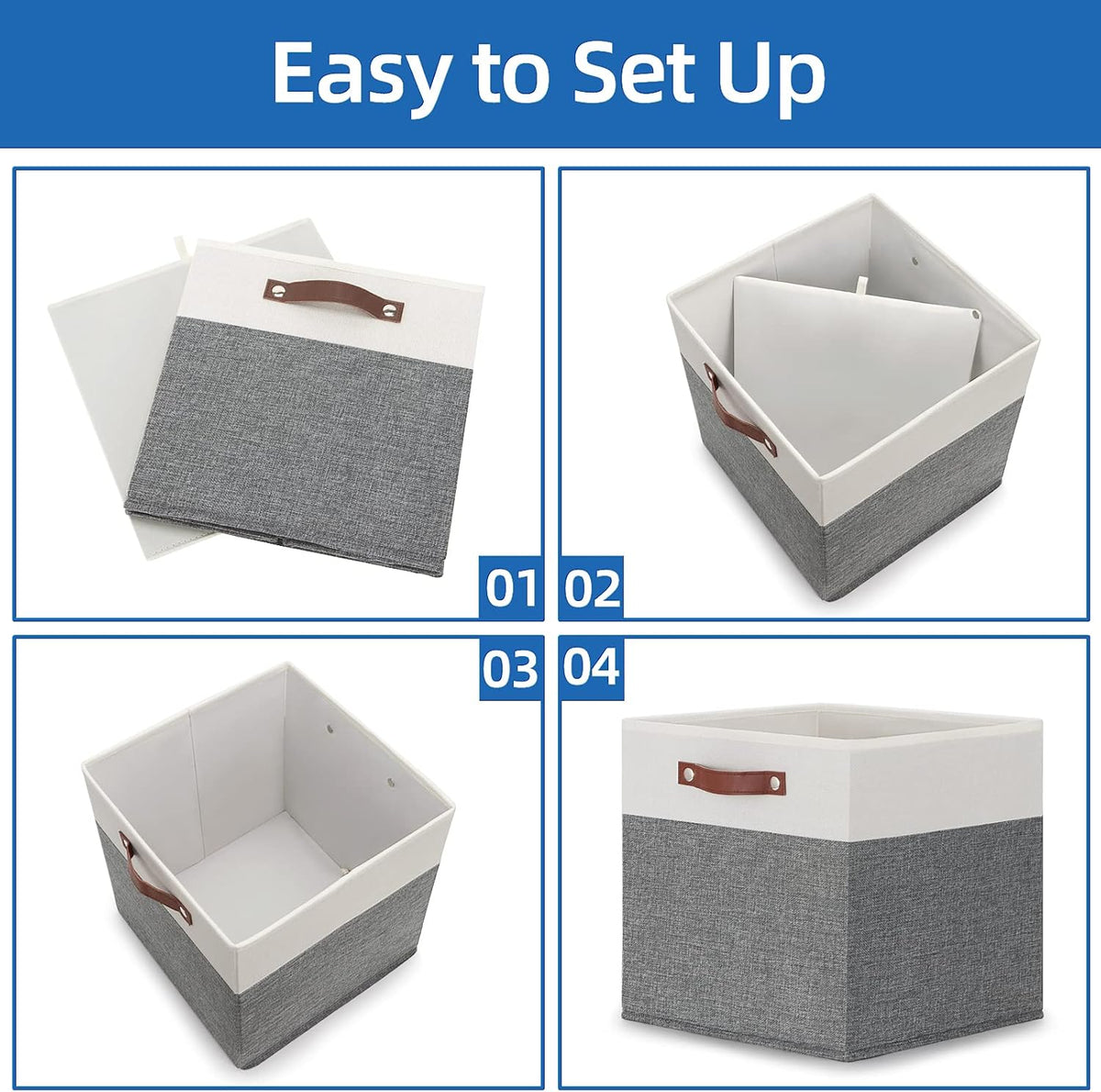 Temary 13x13 Storage Cubes 4 Pack Fabric Cube Storage Bins Large Storage Baskets with Leather
