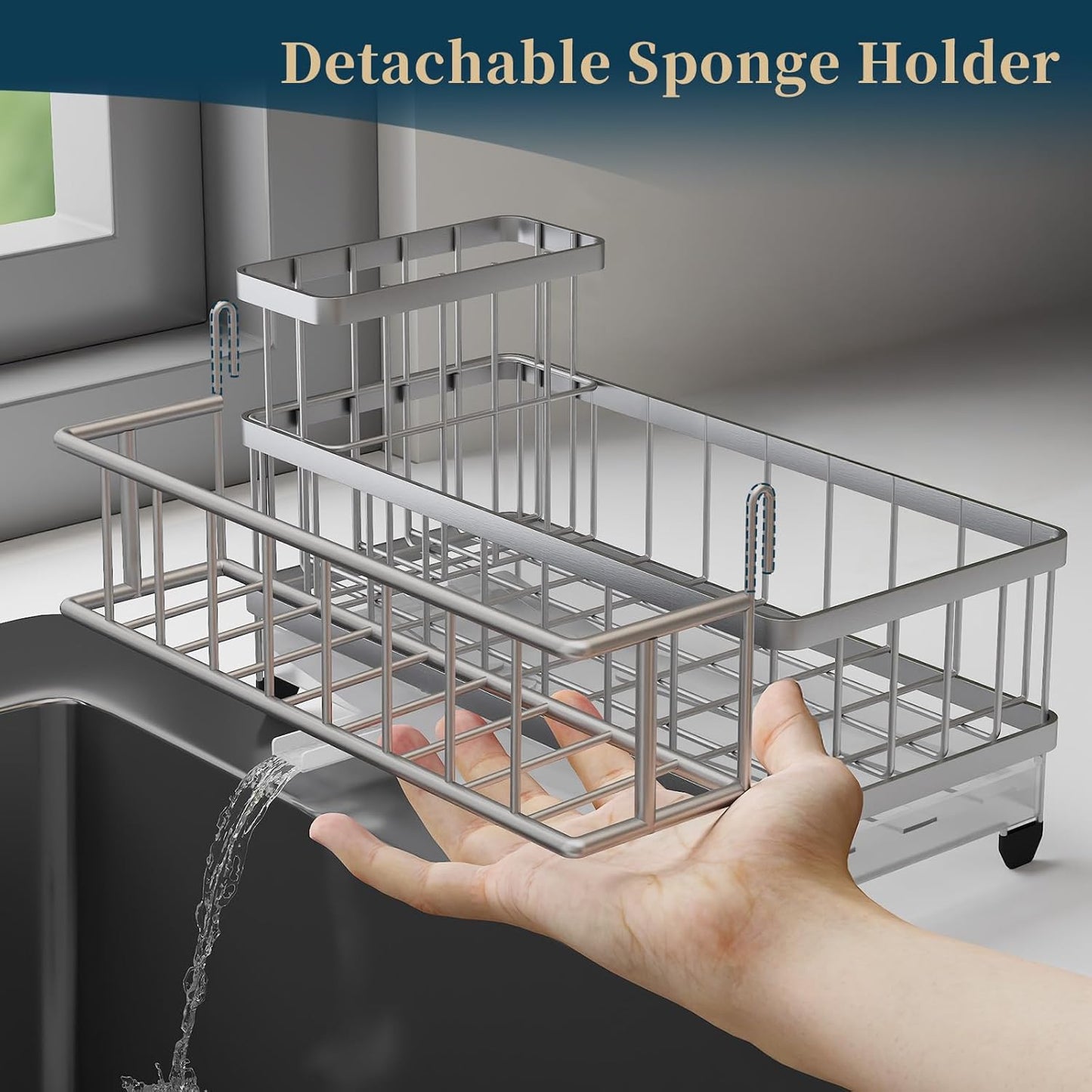 Consuemst Sponge Holder for Kitchen Sink - Auto Draining Sink Caddy Organizer with Detachable Rack