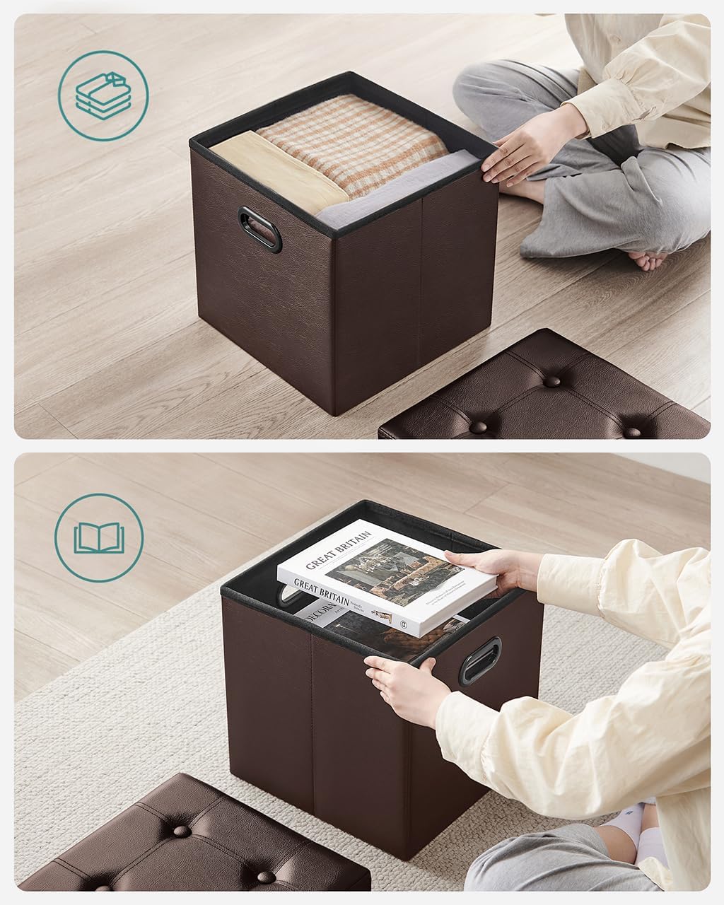 SONGMICS MAZIE Collection - 15 Inches Ottoman with Storage, Footstool, Storage Ottoman with Metal