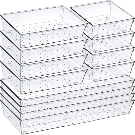 12 Pack Clear Plastic Drawer Organizer Set, Acrylic Non Slip Non Cracking Kitchen Drawer Storage