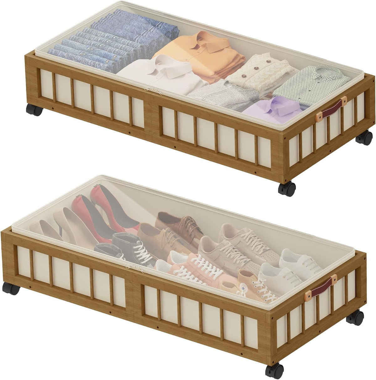 efluky 2-Pack Bamboo Under Bed Storage with Wheels, Rolling UnderBed Storage Basket with Large Dust