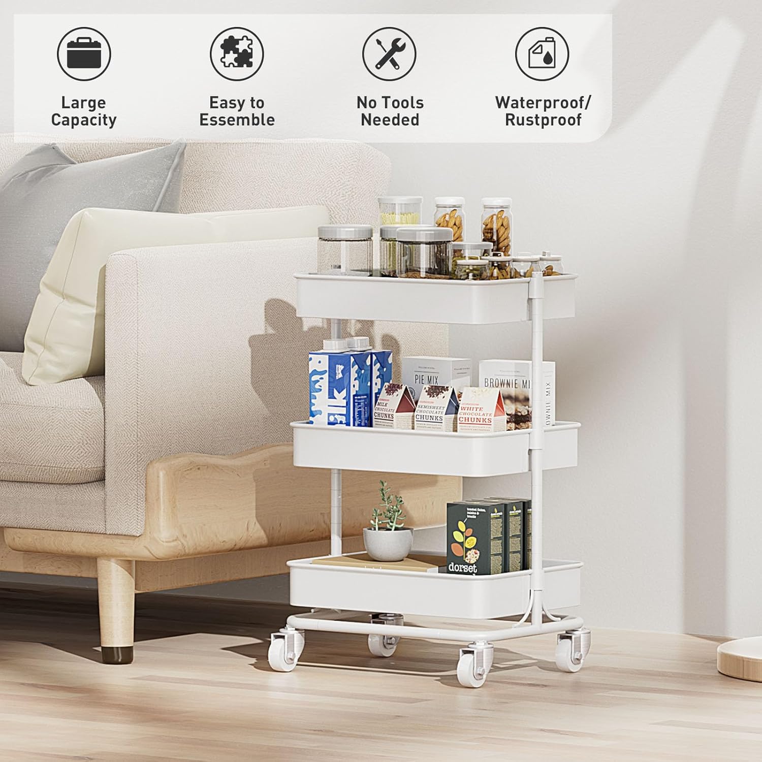 3-Tier Modern Metal Rolling Utility Cart with Silent Casters, 15.35x11.81x23.74 inch Heavy Duty