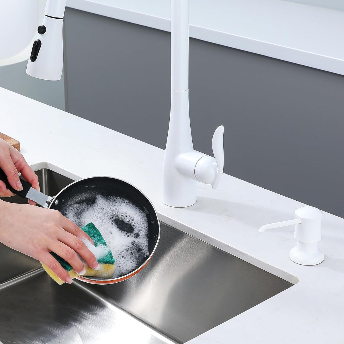 White Sink Soap Dispenser for Kitchen Sink (White), Built-in and Refill-from-Top Design with Liquid