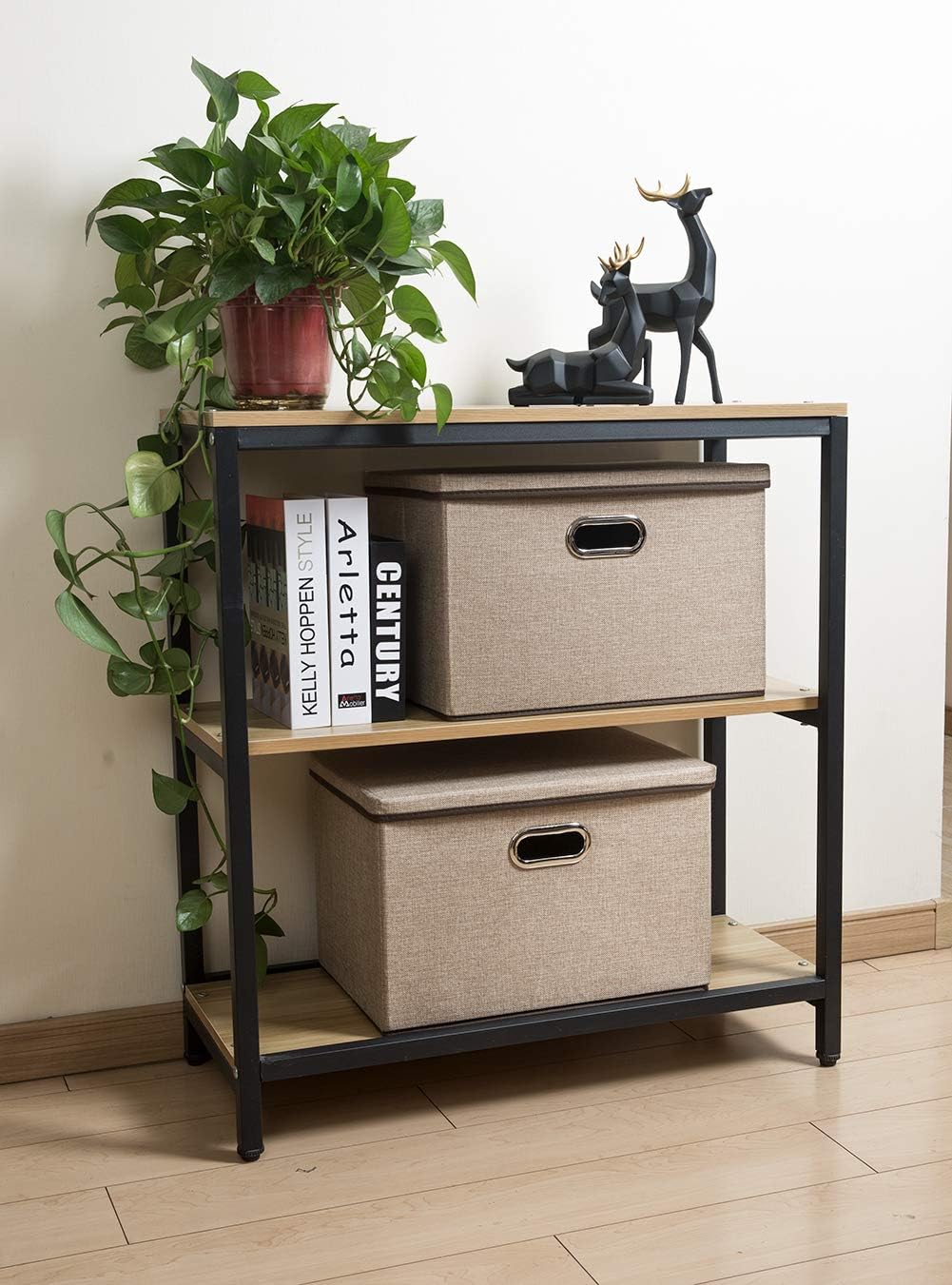 PRANDOM Large Collapsible Storage Bins with Lids [3-Pack] Jute Fabric Foldable Storage Boxes