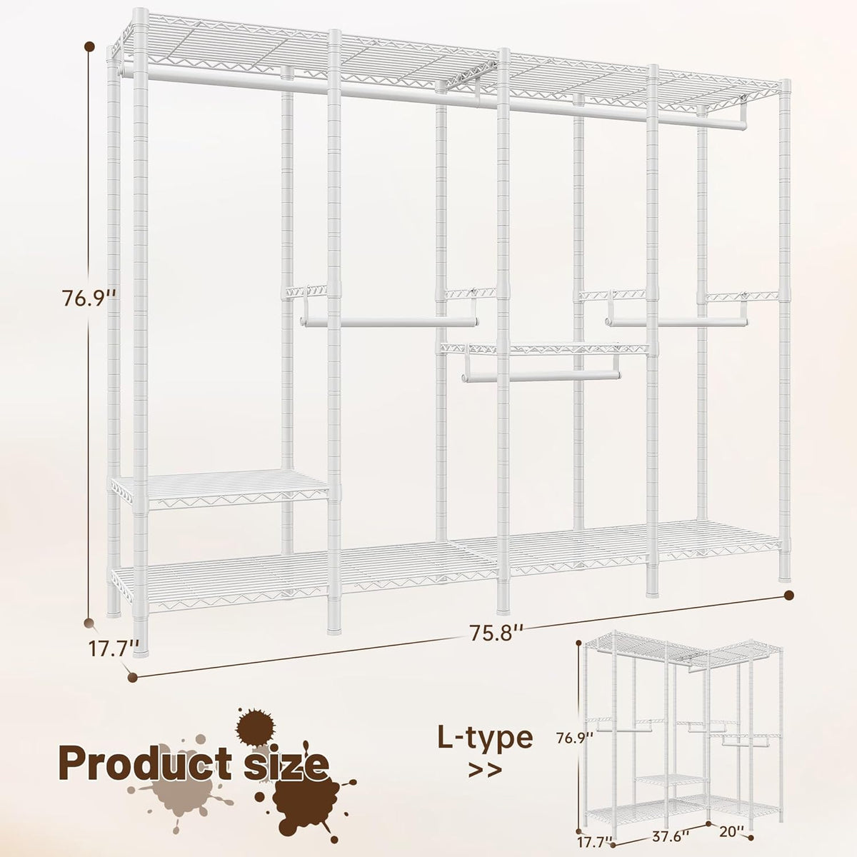 Raybee 76.9" H Clothes Rack Heavy Duty Loads 1100 LBS Metal Clothing Racks for Hanging Clothes