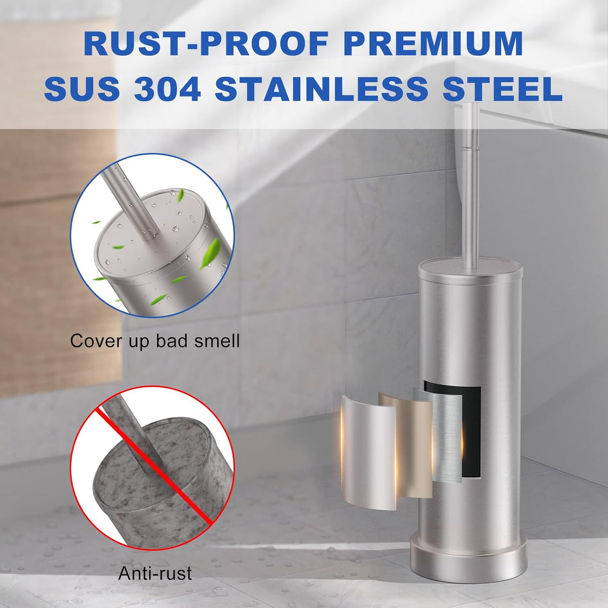 Brushed Nickel Toilet Brush and Holder Set, 304 Stainless Steel Toilet Brush for Bathroom, Heavy