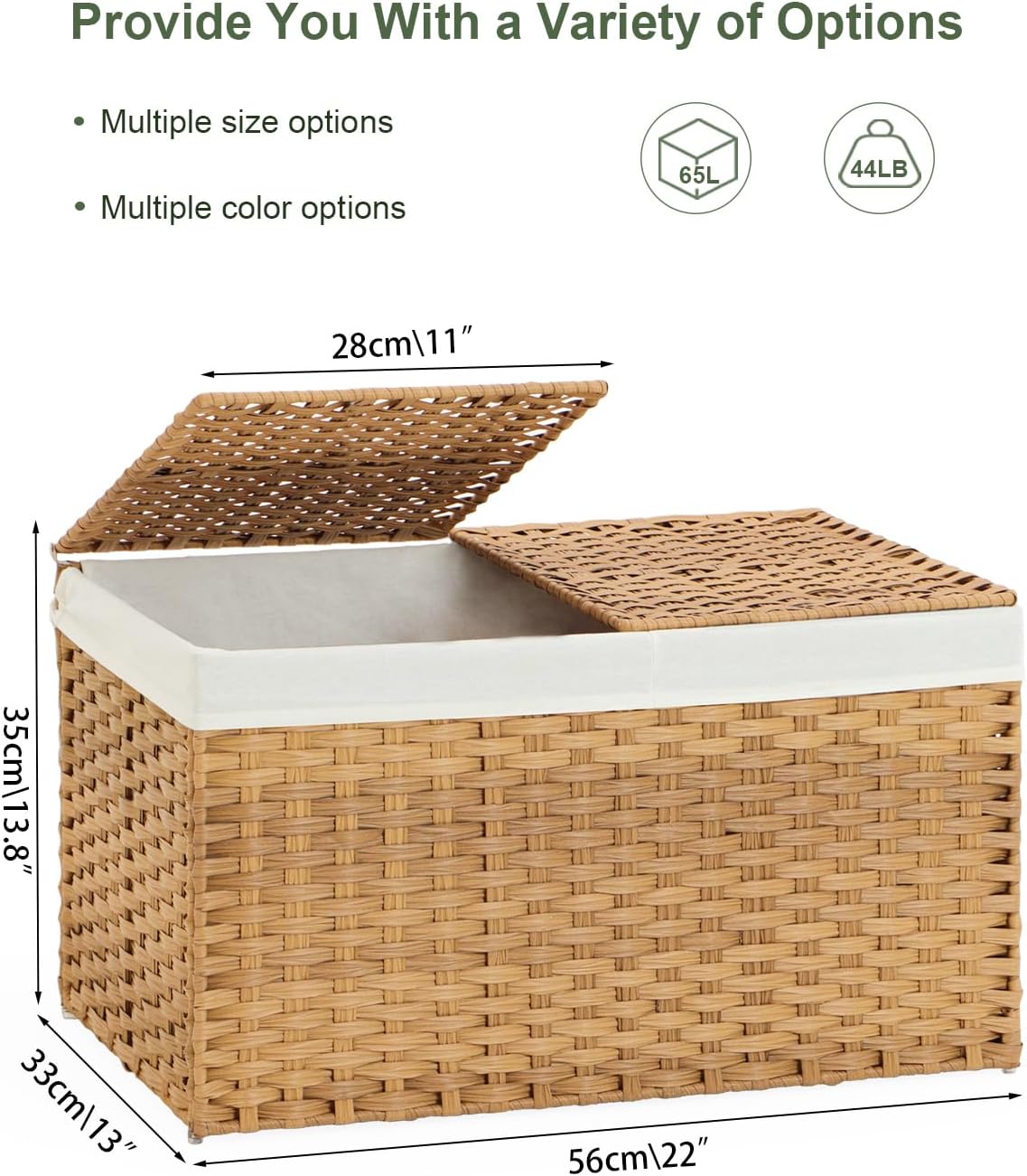Storage Basket with Lid Rattan Woven Storage Baskets with 2 Separate Lids, 17.2 Gallon (65 L), 22 x
