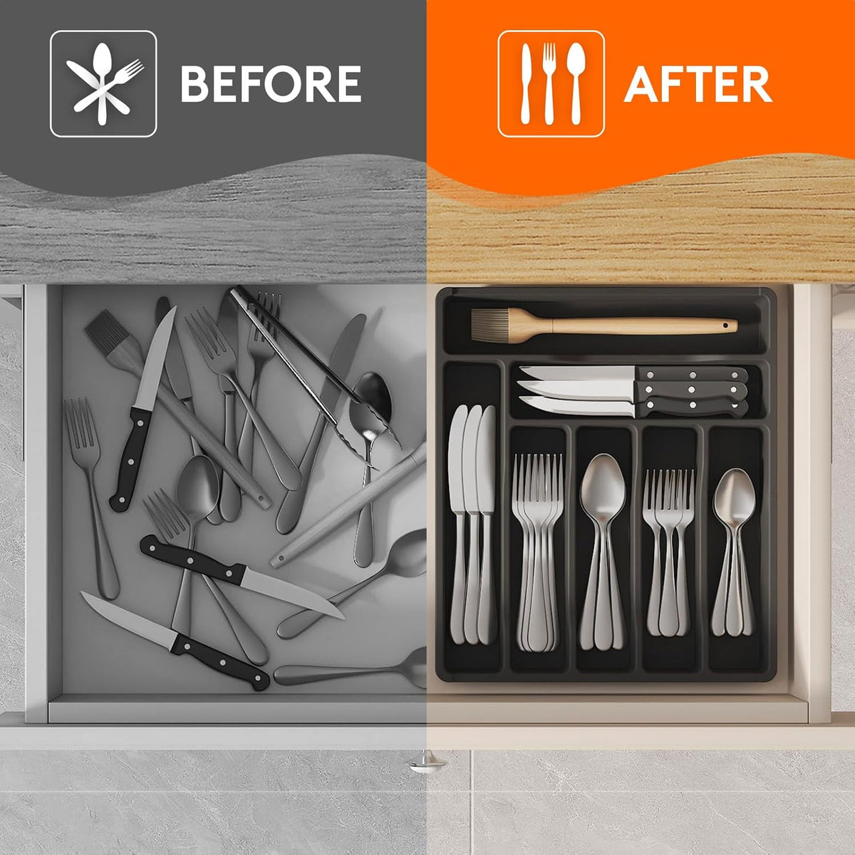 Lifewit Silverware Drawer Organizer Tray, Plastic Cutlery Storage for Kitchen Drawer, Flatware and