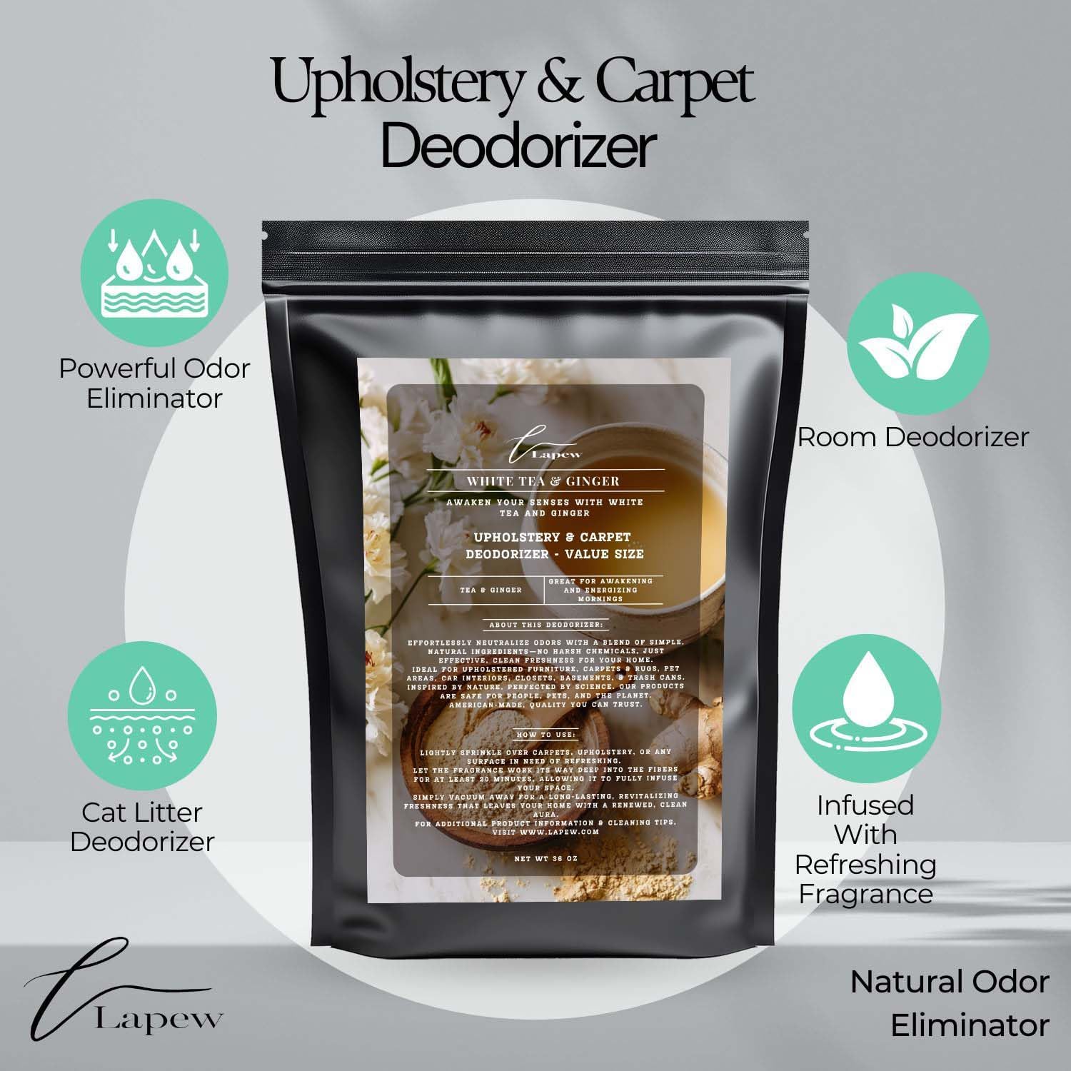 White Tea & Ginger Carpet Freshener Powder Refill 36 oz | Powerful Odor Eliminator for Home |