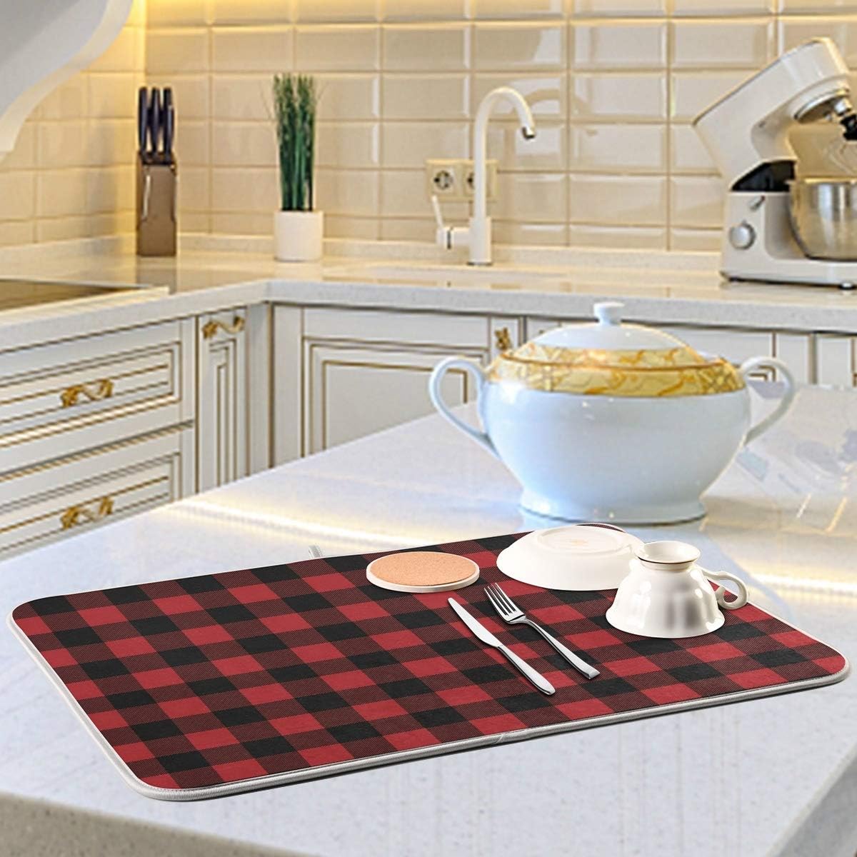 Red and Black Buffalo Plaid Dish Drying Mat 16x18 for Kitchen Merry Christmas Winter Xmas Dishes