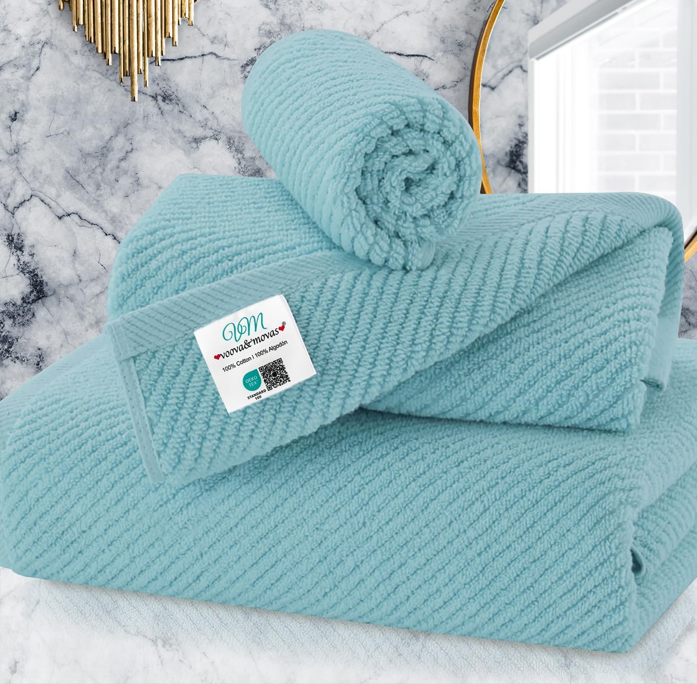 VOOVA & MOVAS Bathroom Towels Set, 100% Cotton | Quick Dry | Soft | Thick, 3 Piece Towel Set, 1