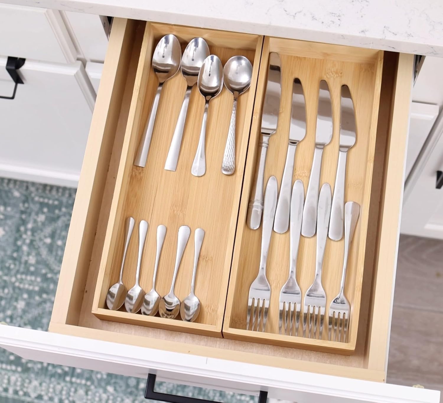 Fabsome Kitchen Utensil Drawer Organizer, Bamboo Silverware Cutlery Flatware Organizer Bins, Wooden