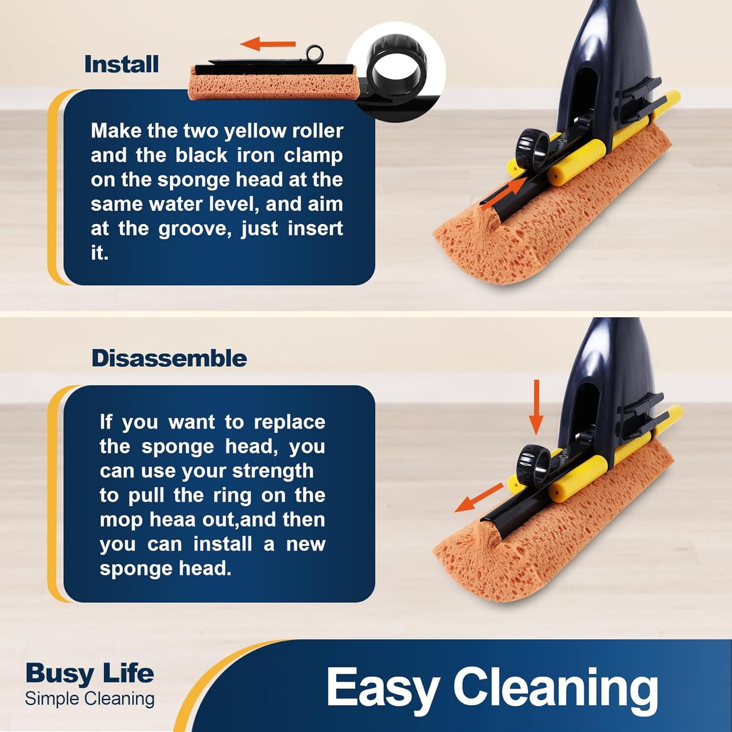 Yocada Sponge Mop Home Commercial Use Tile Floor Bathroom Garage Cleaning Total 3 Sponge Heads