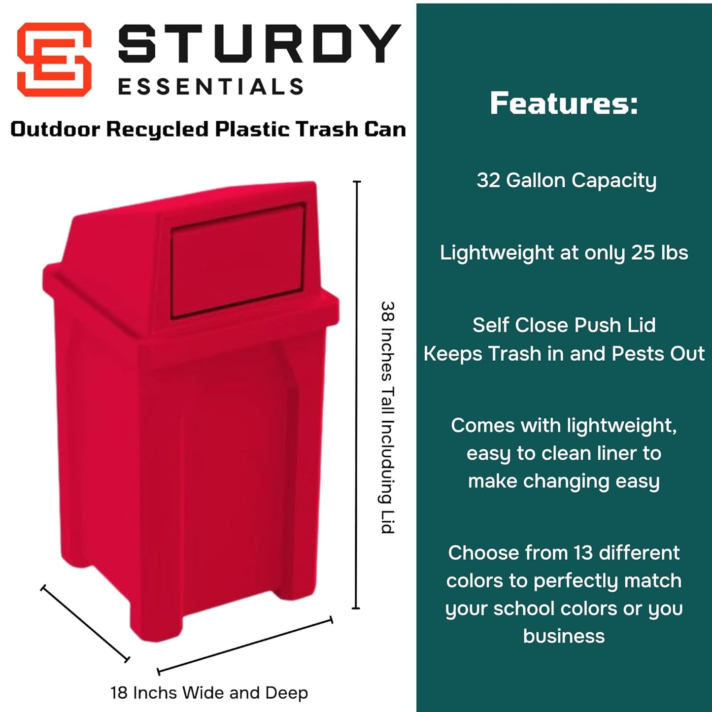 32 Gallon Square 100% Recycled Plastic Heavy Duty Outdoor Trash Can with Push Lid - Great for