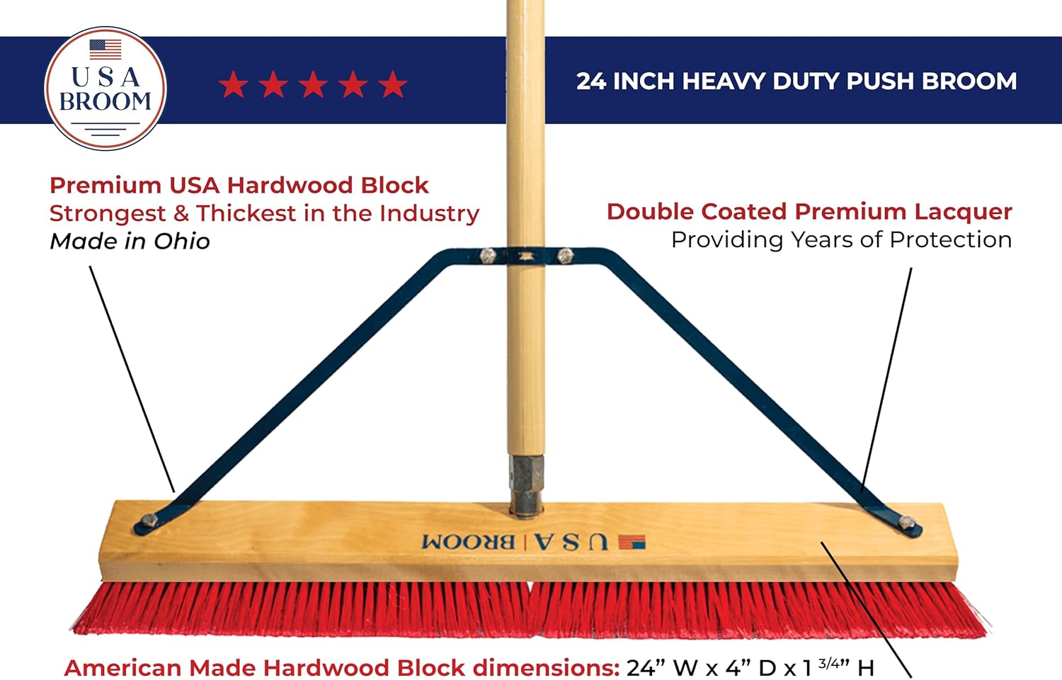 24" Everyday Sweep Indoor/Outdoor Push Broom with 60" Handle. Ideal for Garages & Shops. Durable