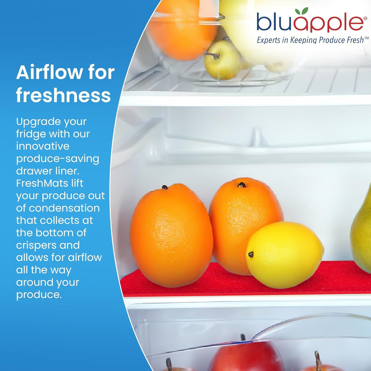 Bluapple FreshMats, Refrigerator Bin Liner, Fridge Drawer Mats, Crisper Life Extender Liner Keeps
