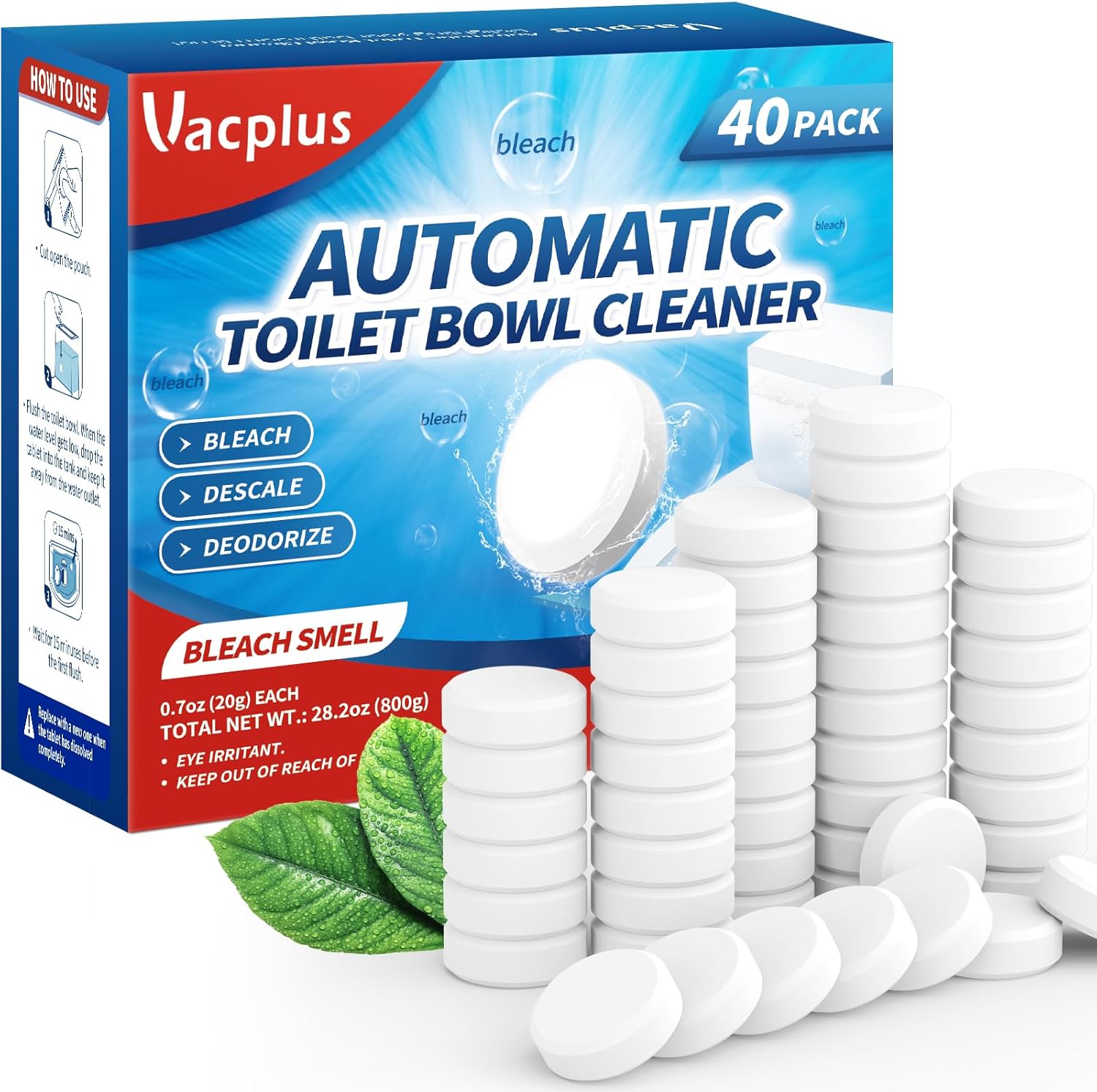 Vacplus Toilet Bowl Cleaner Tablets 40 PACK, Automatic Cleaners with Bleach, Slow-Releasing Toilet