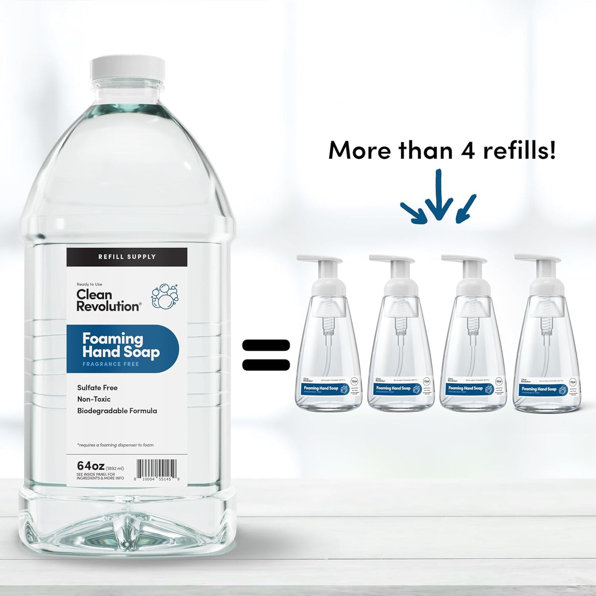 Clean Revolution Foaming Hand Soap Refill Supply Container, Ready to Use Formula, Fragrance Free