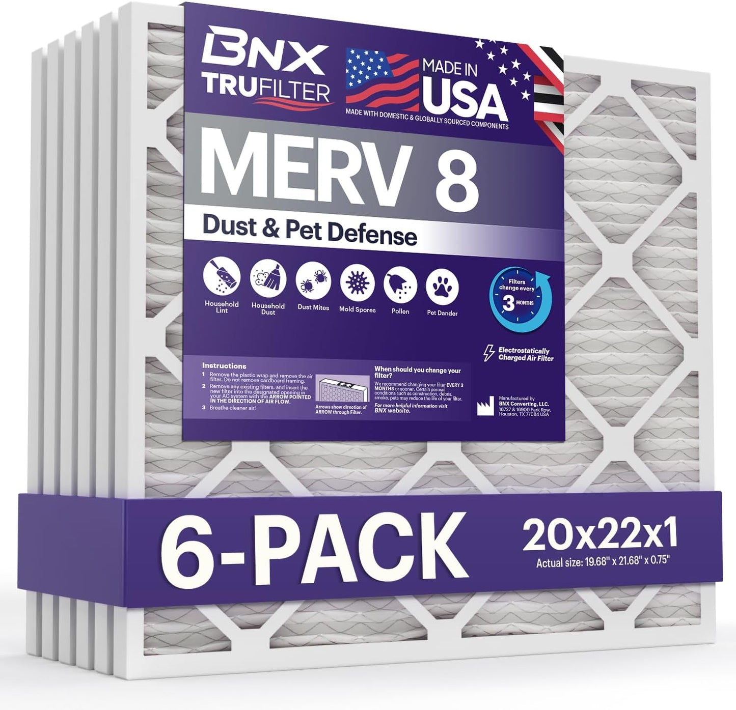BNX TruFilter 20x22x1 Air Filter MERV 8 (6-Pack) - MADE IN USA – Dust & Pet Defense Electrostatic