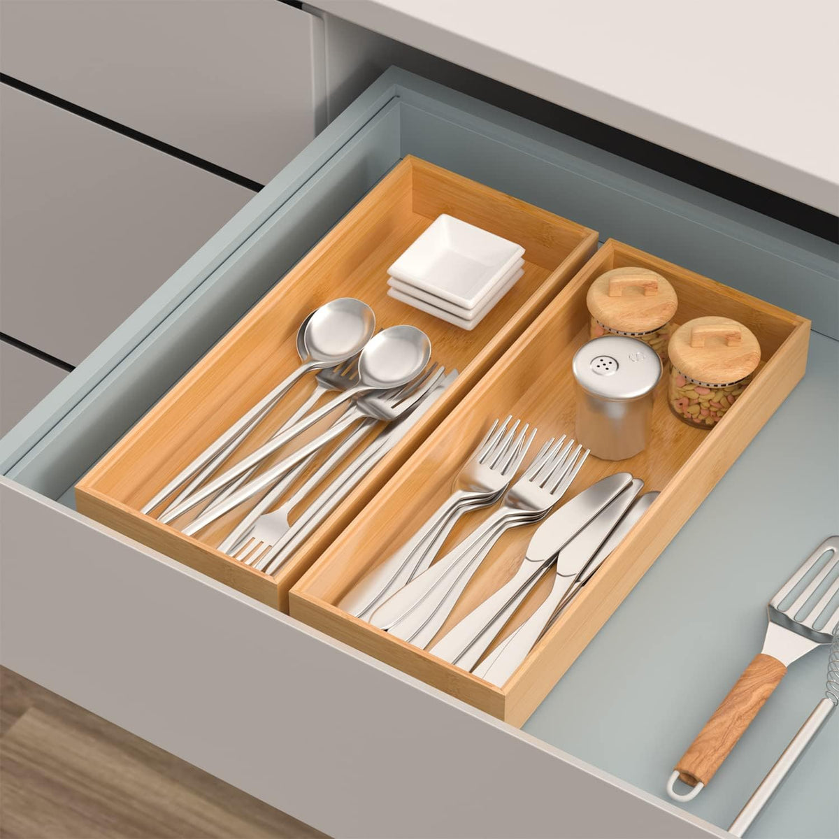Bamboo Drawer Organizer, Stackable Utensil Organizer for Kitchen, Bamboo Storage Box Wood