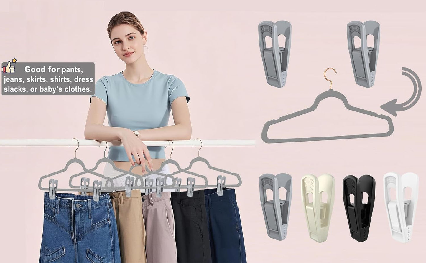 Hanger Clips Perfect for Velvet Hangers (Grey, 20 PCS), Strong Plastic Clips Pant Skirt Hanger